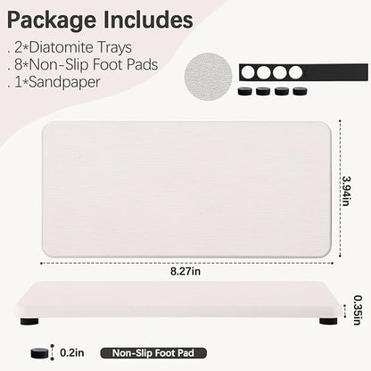 NiuYichee 2 Pcs Water Absorbing Stone Trays, Kitchen/Bathroom Sink Soap Dish, Diatomite Tray Used for Hand Soap & Cosmetic Bottles in The Modern Home, 4" W x 8.3" L, White