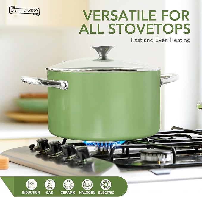 MICHELANGELO Stock Pot with Lid, 6 Quart Cooking Pot with Ceramic Coating, Nonstick Ceramic Soup Pot with Lid, Induction Compatible - 6QT Stockpot, Green - Image 4