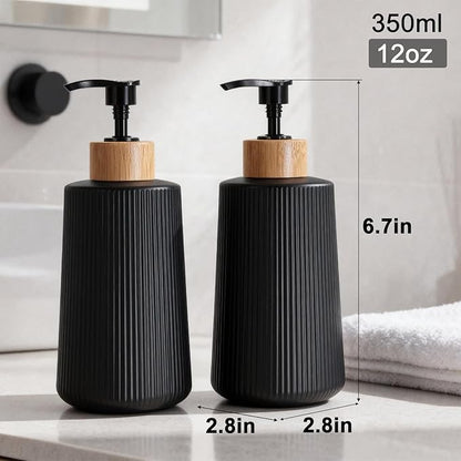 Glass Soap Dispenser, Thickened Glass Hand Soap Dispenser for Bathroom, Kitchen Dish Washing Liquid Bottles, Shampoo and Conditioner Bottles, Modern Farmhouse Style (Black, Set of 2, 12oz)