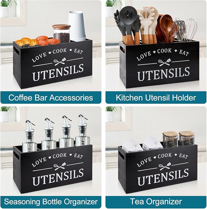 Black Farmhouse Utensil Holder for Kitchen Counter Extra Large Cooking Utensil Holder Caddy Utensils Storage Organizer for Countertop Rustic Wood Kitchen Tool Decor Utensil Crock Spatula Holder - Image 5