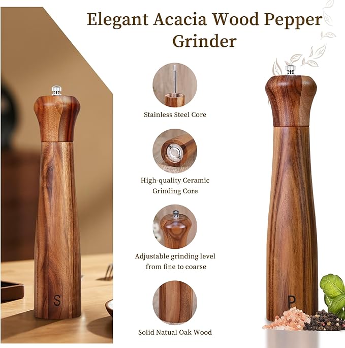 Haomacro 2 Pack 10 Inch Acacia Wooden Salt and Pepper Grinder Set, Manual Salt and Pepper Mills, Salt Grinder Refillable with Adjustable Coarseness, Ceramic/Stainless Steel Core Tableware Gifts - Image 6