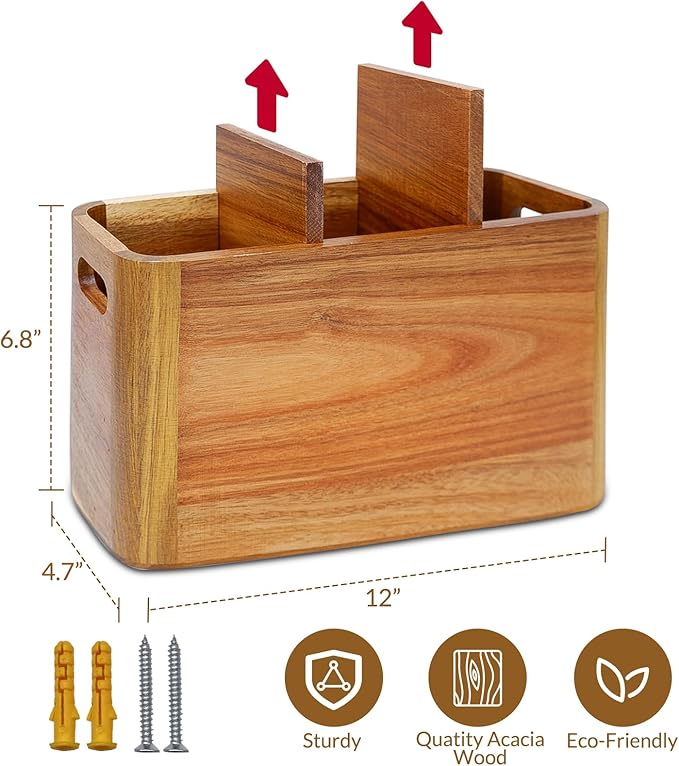 Wooden Kitchen Utensil Holder Organizer for Counter or Countertop, Large Wooden Utensil Holder for Storage Cooking and Silverware with 3 Compartment, Acacia Rustic Wood Container Extra Large - Image 2