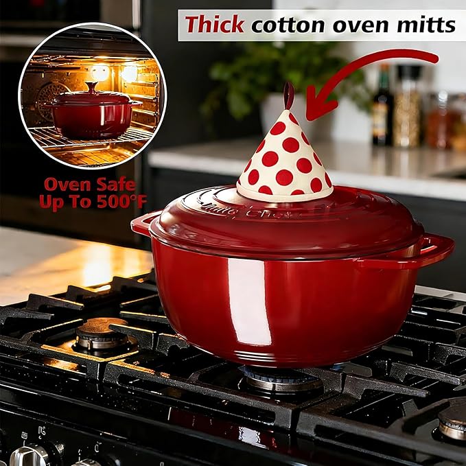 Umite Chef 6QT Enameled Cast Iron Dutch Oven with Lid, Versatile Heavy-Duty Cookware Pot for Baking Bread, Braising, Soups & Stews, Oven & Stovetop Safe with Heat Resistant Gloves（Red） - Image 3