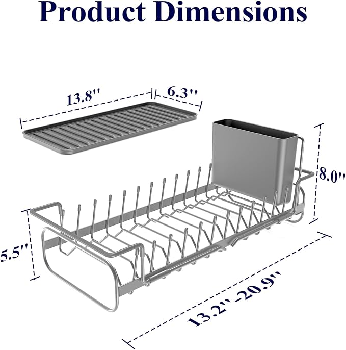 Kitsure Dish Drying Rack - Expandable Dish Rack for Kitchen Counter, Over Sink Or in Sink, Space-Saving Plates Dryer with Cutlery Holder & Drip Tray, 14.0"-20.9" L x 6.3" W x 8.0" H, Grey - Image 2