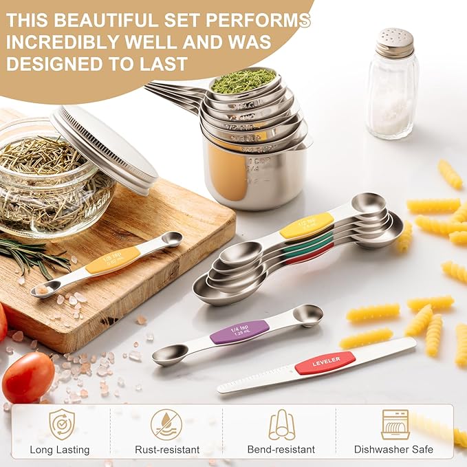 Stainless Steel Measuring Cups & Spoons Set, EWFEN Kitchen Tools Nesting Measuring Cups and Spoons, Fits in Spice Jars for Baking & Cooking, BPA Free, Set of 15 with Leveler, Multicolor - Image 3
