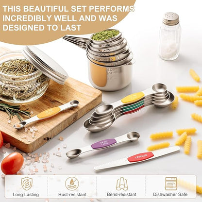 Stainless Steel Measuring Cups & Spoons Set, EWFEN Kitchen Tools Nesting Measuring Cups and Spoons, Fits in Spice Jars for Baking & Cooking, BPA Free, Set of 15 with Leveler, Multicolor - Image 3