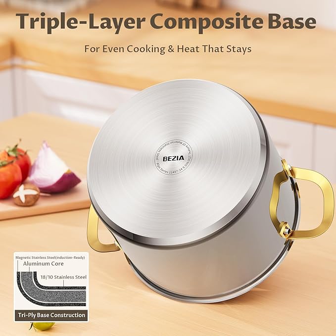 BEZIA 8 Quart Stainless Steel Stock Pot, 0-Coating Safe Cooking Pot for Home Chefs, Tri-ply Bottom for Even Heat, Perfect for Daily Cooking, Pasta and Batch Meals - Image 2