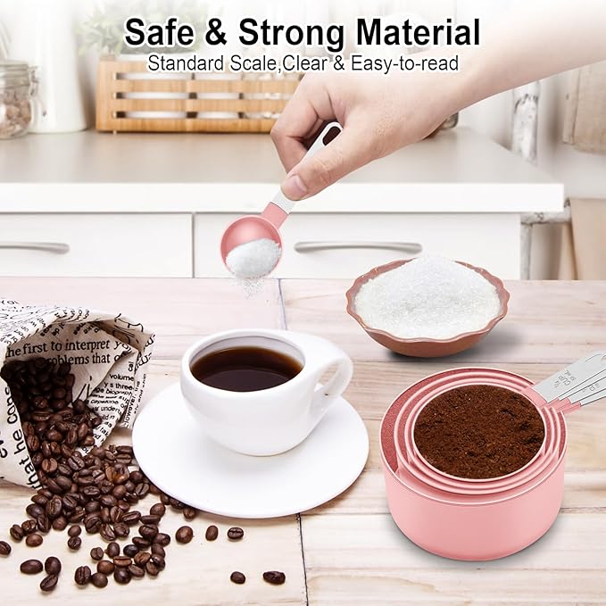 Measuring Cups and Spoons Set, 10 Pieces Nesting Measure Tools, Kitchen Essentials Gadgets with Stainless Steel Handle for Dry & Liquid Ingredient, Pink - Image 2