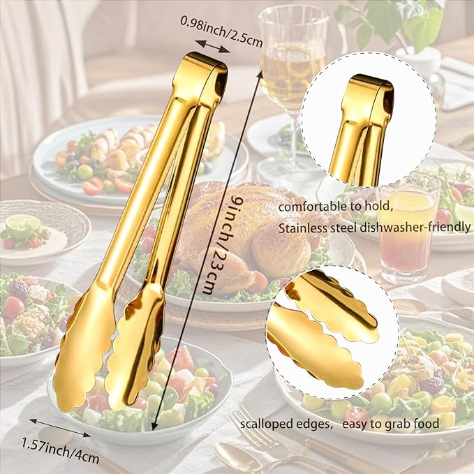 6pcs Stainless Steel Serving Tongs Gold or Silver Plated 9inch Heavy Duty Durable BBQ Clamps Design for Weddings Parties Banquets Buffets Family Gatherings Kitchen Cooking Serving Clip - Image 3