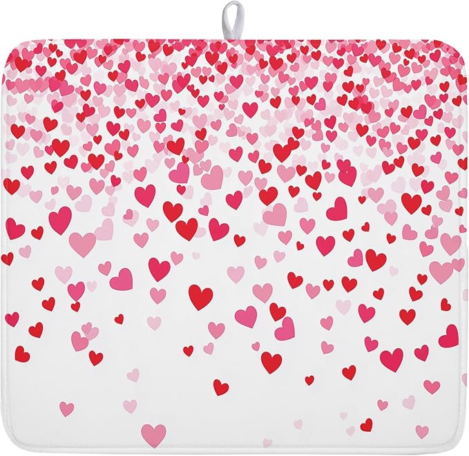 Valentine's Day Dish Drying Mat for Kitchen Counter Love Heart Kitchen Dish Drying Pad 16”x18” Absorbent Reversible Happy Valentine Dishes Drainer Pad Dish Drying Rack Mat for Countertop