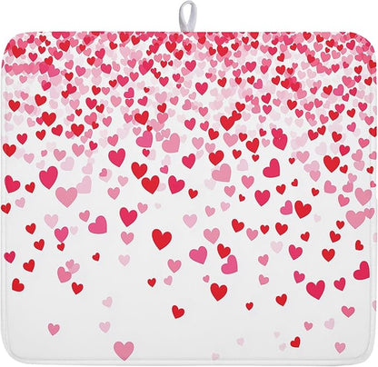 Valentine's Day Dish Drying Mat for Kitchen Counter Love Heart Kitchen Dish Drying Pad 16”x18” Absorbent Reversible Happy Valentine Dishes Drainer Pad Dish Drying Rack Mat for Countertop