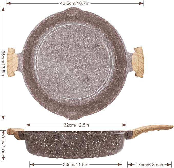 AIKENBBKK Ceramic Frying Pan with Lid, 14 Inch Saute Pan, Non Stick Frying Pans, 2-In-1 Large Cooking Pan, Nonstick Skillet, Compatible with All Stoves, PTFE & PFOA Free, Brown - Image 2