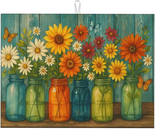 Rustic Vintage Flower Dish Drying Mats for Kitchen Counter, Large 18"x24" Dish Mats for Drying Dishes, Microfiber Absorbent Dish Drying Pad Rack Mat Kitchen Decor Reusable Washable