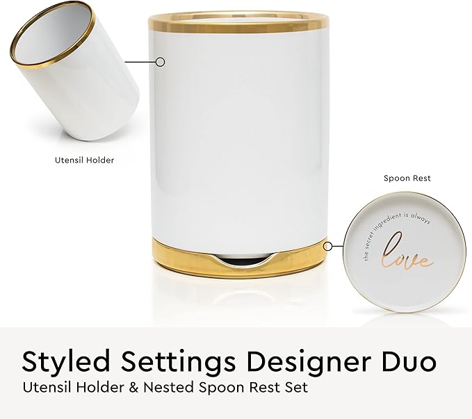 White Utensil Holder with Built-In Ceramic Spoon Rest - 2-Piece Luxe White and Gold Spatula Holder with Gold Spoon Rest for Countertop Organization - Stylish Kitchen Accessory, Utensils Not Included - Image 3