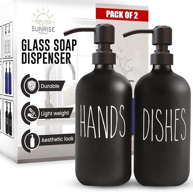 Sunrise Premium 16 OZ Thick Black Glass Soap Dispenser, Matte Black Stainless Steel Pump 2 Pack, Hand and Dish Soap Dispenser Set for Bathroom with 6 Waterproof Labels by SunrisePremium