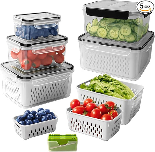 5 PCS Fruit storage Containers for Fridge with Removable Colander and Chopper Set, Leakproof Food Storage Containers with lids, Dishwasher & Microwave Safe Produce Containers to Keep Fruits Fresh ﻿ by Freshmage