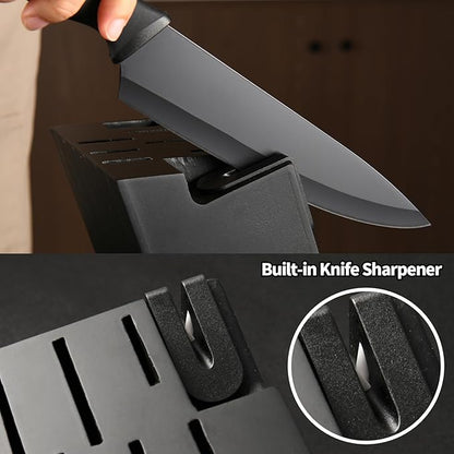 15-Piece Stainless Steel Kitchen Knife Set, Built-in Knife Sharpener, Dishwasher Safe, Ergonomic Non-Slip Handles, 6 Steak Knives, Black