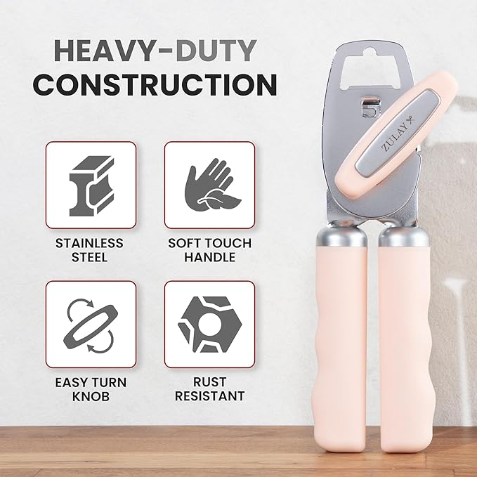 Zulay Kitchen Heavy Duty Stainless Steel Can Opener Manual with Bottle Opener - Rust Proof Manual Can Opener With Turn Knob & Comfy Soft Grip Handles - Peach - Image 3
