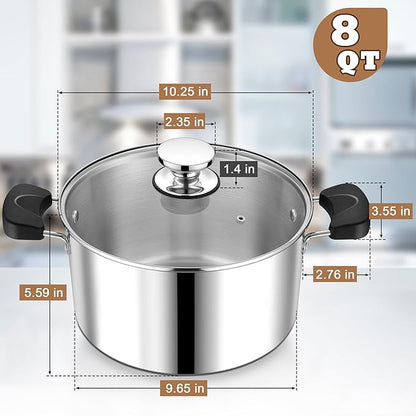8 Quart 3-Ply Cooking Stock Pot with Lid, P&P CHEF Stainless Steel Large Pot for Pasta Soup, Work on Multi Stove, Heavy Duty & Dishwasher Safe, Dual Heat-resistant Handles & Transparent Glass Lid - Image 2