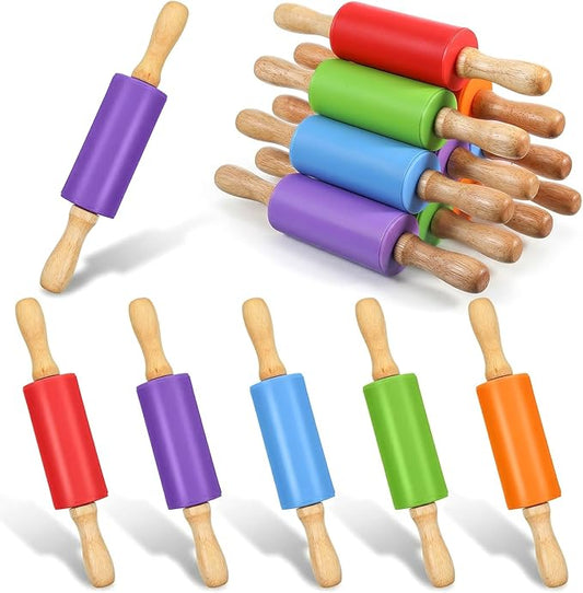 10 Pcs Mini Rolling Pin, 9 Inch Small Silicone Rolling Pin for Baking Non Stick Dough Roller with Wooden Handle 5 Colors for Kitchen Cookie Pastry Fondant Cake