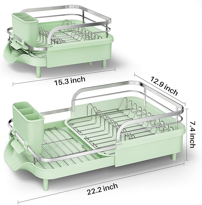 SAYZH Dish Drying Rack - Expandable Dish Rack for Kitchen Counter, Rust-Resistant Dish Drainer with Utensil Holder and Raised Guardrail, Kitchen Organizer for Cup and Bottle (Green) - Image 2