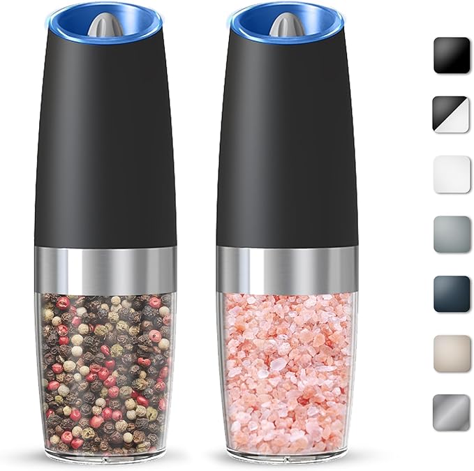 Gravity Electric Salt And Pepper Grinder Set, Automatic Salt And Pepper Grinder Set, Battery Powered (6 AAA Batteries Each), Adjustable Roughness, LED Light, 2 Pack, (Black) by KIARYUOLL