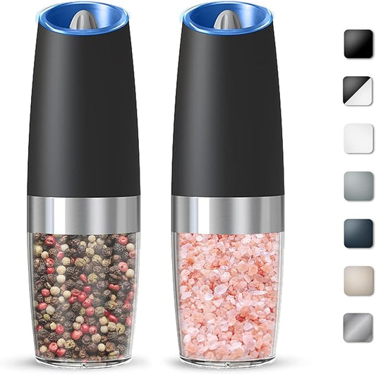 Gravity Electric Salt And Pepper Grinder Set, Automatic Salt And Pepper Grinder Set, Battery Powered (6 AAA Batteries Each), Adjustable Roughness, LED Light, 2 Pack, (Black) by KIARYUOLL