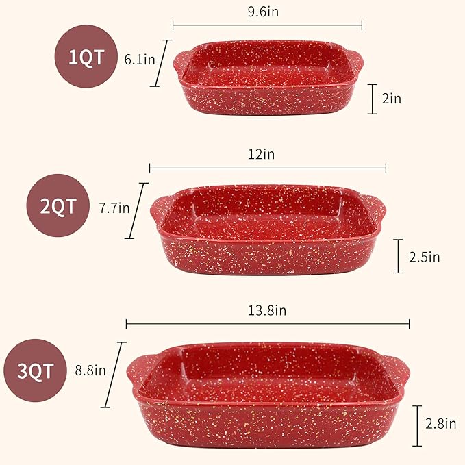 3-Pack Ceramic Lasagna Pan,Heavy-Duty Rectangular Baking Dishes, High Heat Resistant Oven-Safe Stoneware Casserole with Handles,Home Baking,Speckle Series(13.8''/12''/9.6'' Red) - Image 2
