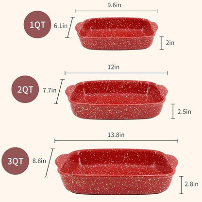 3-Pack Ceramic Lasagna Pan,Heavy-Duty Rectangular Baking Dishes, High Heat Resistant Oven-Safe Stoneware Casserole with Handles,Home Baking,Speckle Series(13.8''/12''/9.6'' Red) - Image 2