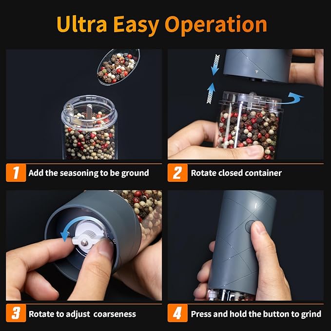 2Pack Electric Salt and Pepper Grinder Set USB Rechargeable with Warm LED Light, Adjustable Coarseness Lidaop Large Capacity Automatic Salt Pepper Mill Grinder for Kitchen, Restaurant, Outdoor (Grey) - Image 7