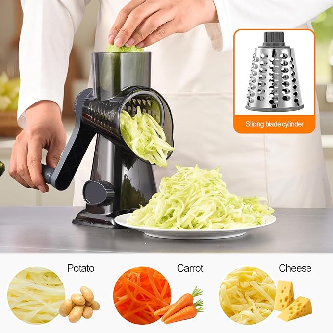 Rotary Cheese Grater Hand Crank with Suction Base, 3-in-1 Cheese Shredder for Cheese, Vegetables & Nuts, Easy to Clean (black) - Image 5