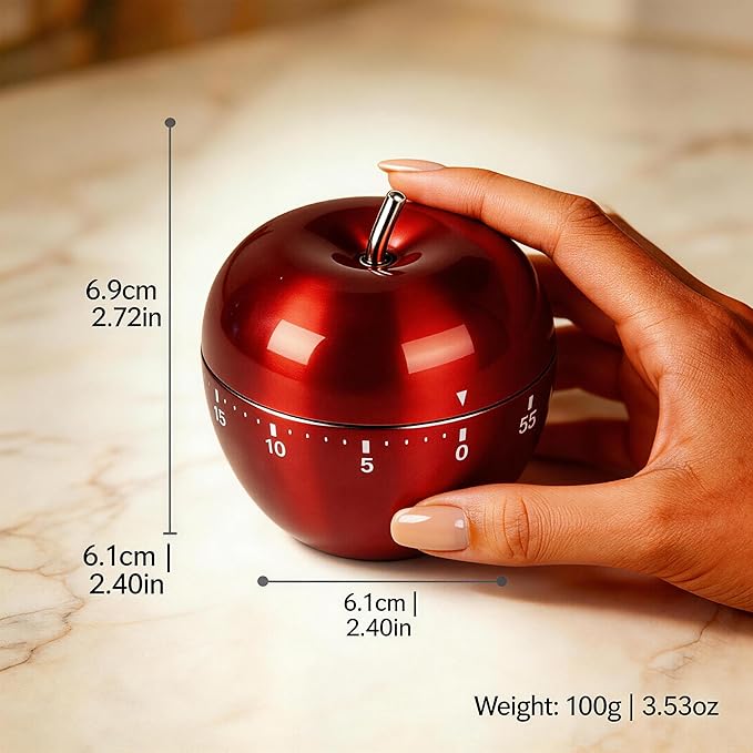 Stainless Steel Apple Kitchen Timer, Mechanical 60-Minute Manual Countdown, Glossy Red Metal Visual Timer for Professional Chef, Classroom Teacher Gift & Christmas Holiday Decor (Red Apple)