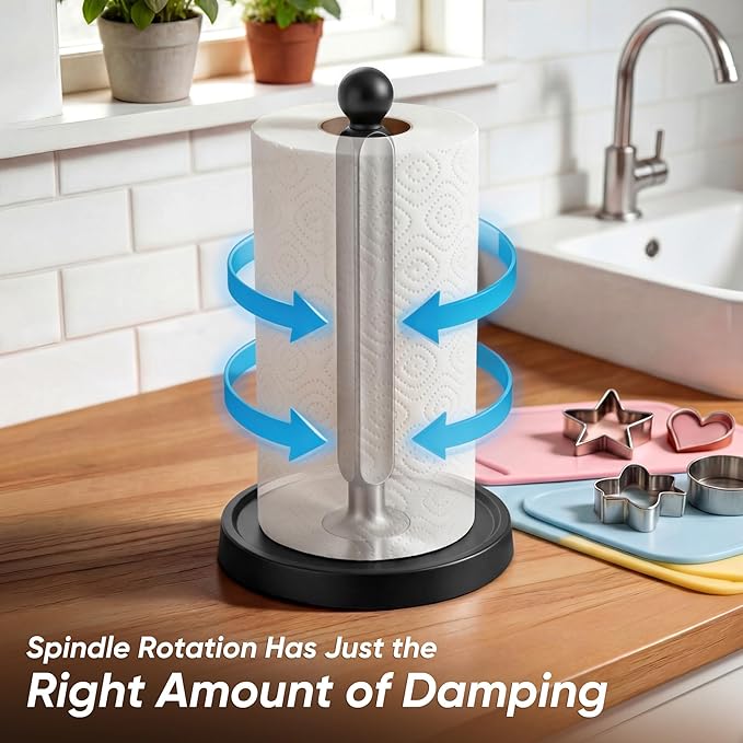 theaoo Paper Towel Holder Countertop, One-Handed Tear Paper Towel Stand Dispenser with Damping Function for Kitchen Bathroom, Stainless Steel Paper Towel Holder with Weighted Non-Slip Base (1, Black) - Image 3