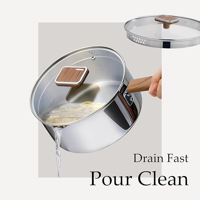 CAROTE1.5Qt & 3Qt Stainless Steel Saucepan Set, Triple Ply Stainless Steel Pot, Saucepan with Glass Lid, Small Sauce Pot with Wooden Handle, Easy Pour Rim - Image 3
