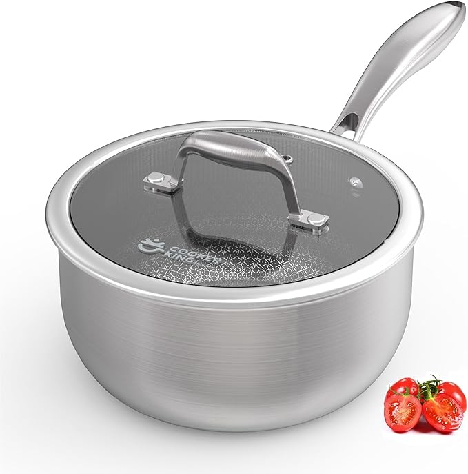 COOKER KING 3 Quart Stainless Steel Saucepan with Lid, Tri-Ply Ceramic Nonstick Pot (Metal Utensil Safe), Dishwasher & Oven Safe up to 900°F, Induction Cookware for All Stovetops by cookerking