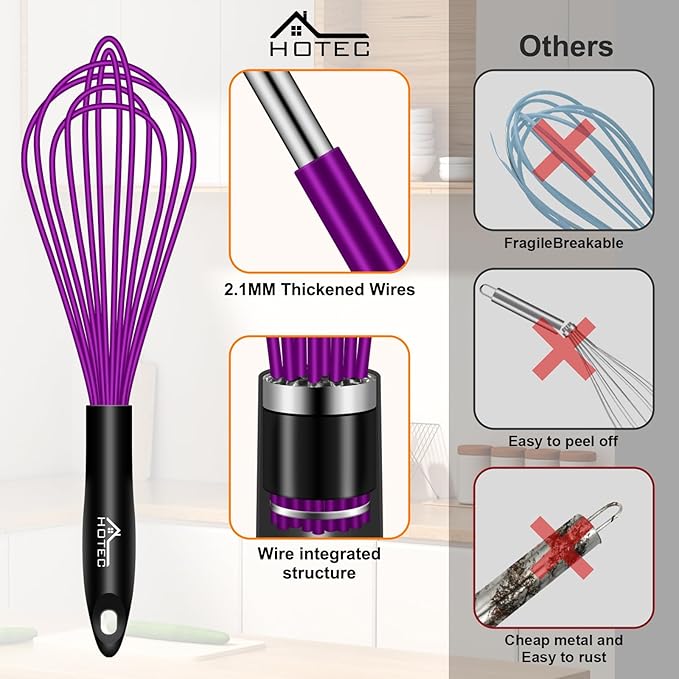 HOTEC 4 Pieces Silicone Whisks for Cooking, Wire Balloon Whisks Egg Beater, Non-Slip Handle Whisk for Non-Stick Cookware Perfect for Stirring, Beating and Blending, Stainless Steel, Purple - Image 5