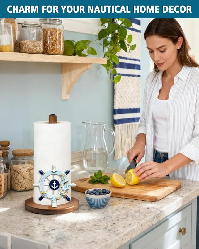 Ship's Rudder Paper Towel Holder, Nautical Coastal Beach Ocean Decor for Kitchen Bathroom Countertop, Freestanding Wooden Stand, Standard & Jumbo Rolls, Gift for Women