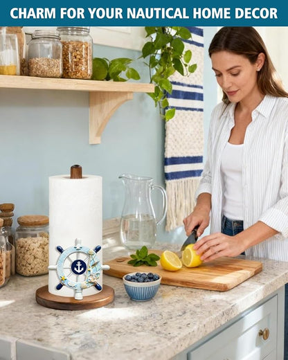 Ship's Rudder Paper Towel Holder, Nautical Coastal Beach Ocean Decor for Kitchen Bathroom Countertop, Freestanding Wooden Stand, Standard & Jumbo Rolls, Gift for Women