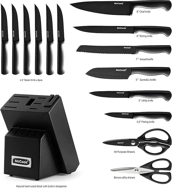 McCook® Knife Sets,German Stainless Steel Knife Block Sets with Built-in Sharpener, Black (Pack of 2) - Image 2