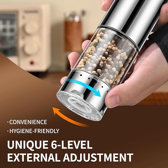 Rechargeable Salt & Pepper Grinder Set - Electric Automatic Grinder, Adjustable Coarseness, LED Light, One-Hand Operation, Stainless Steel & Acrylic, USB Charging, Silver (Set of 2)