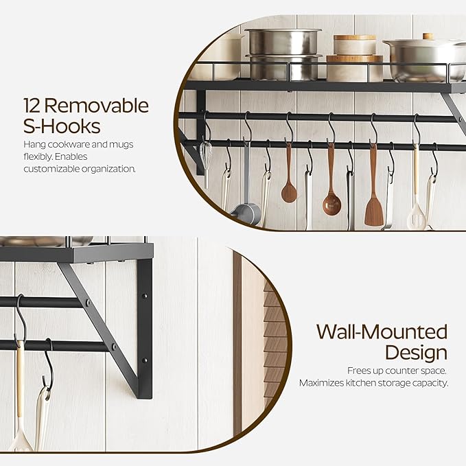 YATINEY Pot Rack, 30 Inch Wall Mounted Pot Rack, Kitchen Pot and Pan Organizer with 2 Tier Hanging Rails, 12 S-Hooks, Space Saving, for Kitchen Cookware Organizer, Black PR02BK - Image 4