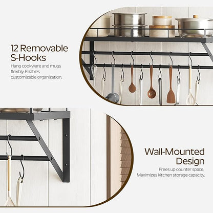 YATINEY Pot Rack, 30 Inch Wall Mounted Pot Rack, Kitchen Pot and Pan Organizer with 2 Tier Hanging Rails, 12 S-Hooks, Space Saving, for Kitchen Cookware Organizer, Black PR02BK - Image 4