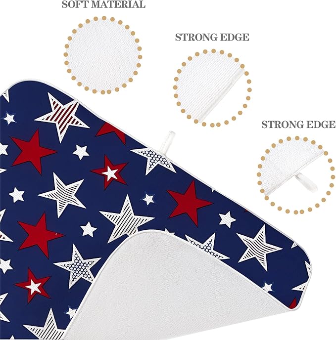 4th of July Dish Drying Mat 18x24 Inch Navy Blue Red Stars Patriotic Decor Drying Mat Independence Day Memorial Day Absorbent Dish Drying Pad Dish Rack Drainer Mats for Kitchen Dining Counter