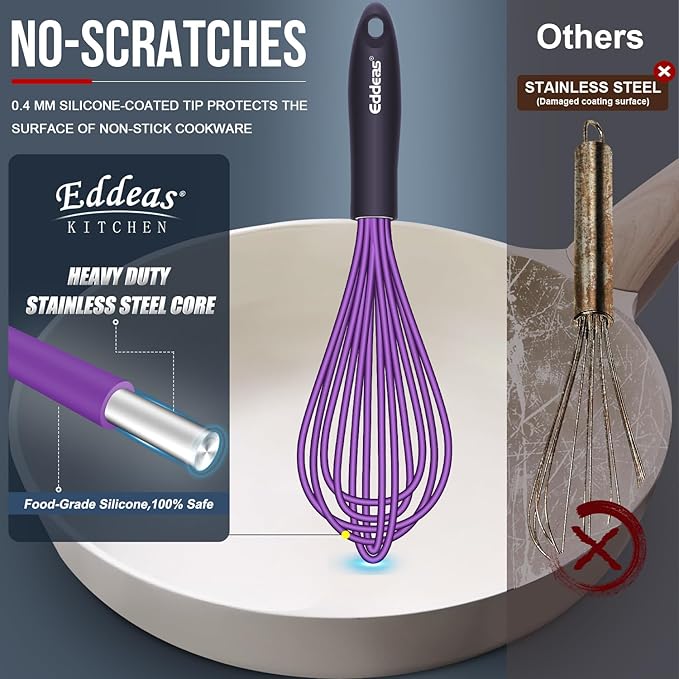 Eddeas Silicone Whisk, 500°F Heat Resistant Non Scratch Coated Whisks for Cooking Baking Balloon wisk, Kitchen Whisk Tool Set, for Stirring, Beating & Blending of 3 Size 7.5"+ 9" +11 inch - Image 2