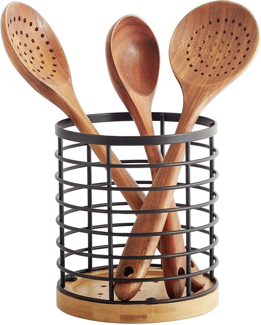 WDT Tool Utensil holder for Kitchen Counter - 5.2" x 5.2" x 6" Large Round with Wooden Base Matte Black Cooking Utensil Holder Utensil Organizer (Metal+Bamboo) by WDT+Tool