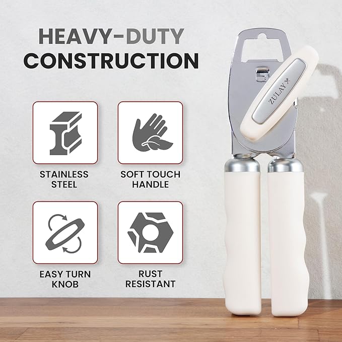 Zulay Kitchen Heavy Duty Stainless Steel Can Opener Manual with Bottle Opener - Rust Proof Manual Can Opener With Turn Knob & Comfy Soft Grip Handles - Cream - Image 3