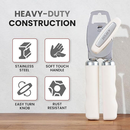 Zulay Kitchen Heavy Duty Stainless Steel Can Opener Manual with Bottle Opener - Rust Proof Manual Can Opener With Turn Knob & Comfy Soft Grip Handles - Cream - Image 3