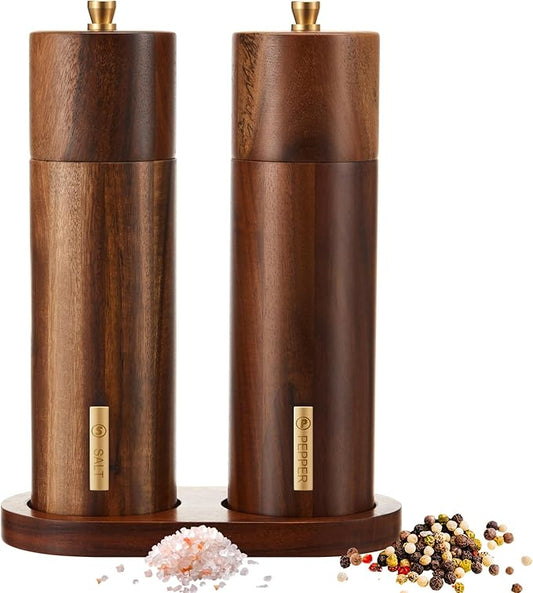 Wooden Salt and Pepper Grinder Set 8 Inch Manual Salt and Pepper Mill with Tray Adjustable Coarseness Refillable Wood Grinders with Gold Bottle Label for Kitchen Christmas Home Gift(Wood Color) by LOYIM
