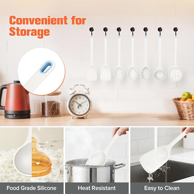 Large Silicone Utensils Set of 7 for Cooking,No Scratch for Nonstick Cookware,Pasta Server,Spaghetti Spoon,Slotted Spoon&Spatula,Solid Spoon&Spatula,Skimmer,Soup Ladle BPA Free Heat Resistant (White) - Image 5