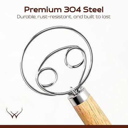 WOODLANDS USA Danish Dough Whisk for sourdough 13 Inch - 304 Stainless Steel Hook with Long Wooden Handle (Dough Whisk + Bread Lame)